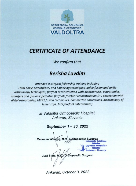 Surgical Fellowship Training at Valdoltra Orthopaedic Hospital, Ankaran - Slovenia.